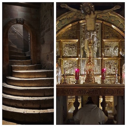 WCNLJUN19 HOLY LAND PIC 15 DAY FIVE THE STAIRS OF CALVARY AND THE PLACE WHERE JESUS WAS CRUCIFIED OM GOLGOTHA